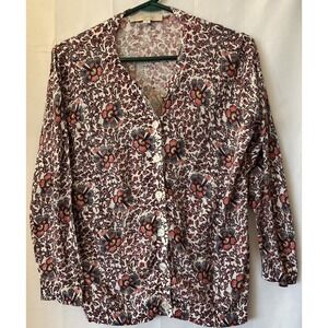 LOFT  Multicolor Reds Cotton Floral‎ Print Cardigan Medium Button Up Round Neck